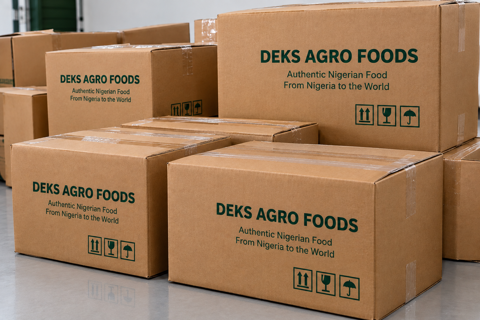Deks Agro Foods branded export cartons stacked for international shipping